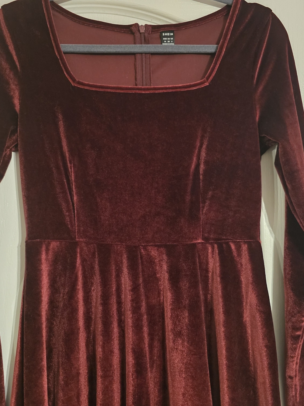 SHEIN Women's Burgundy Velvet Long-Sleeve Fit & Flare Dress